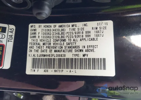 2015 Honda Cr-V Touring from USA, damaged, VIN 5J6RM4H93FL099839